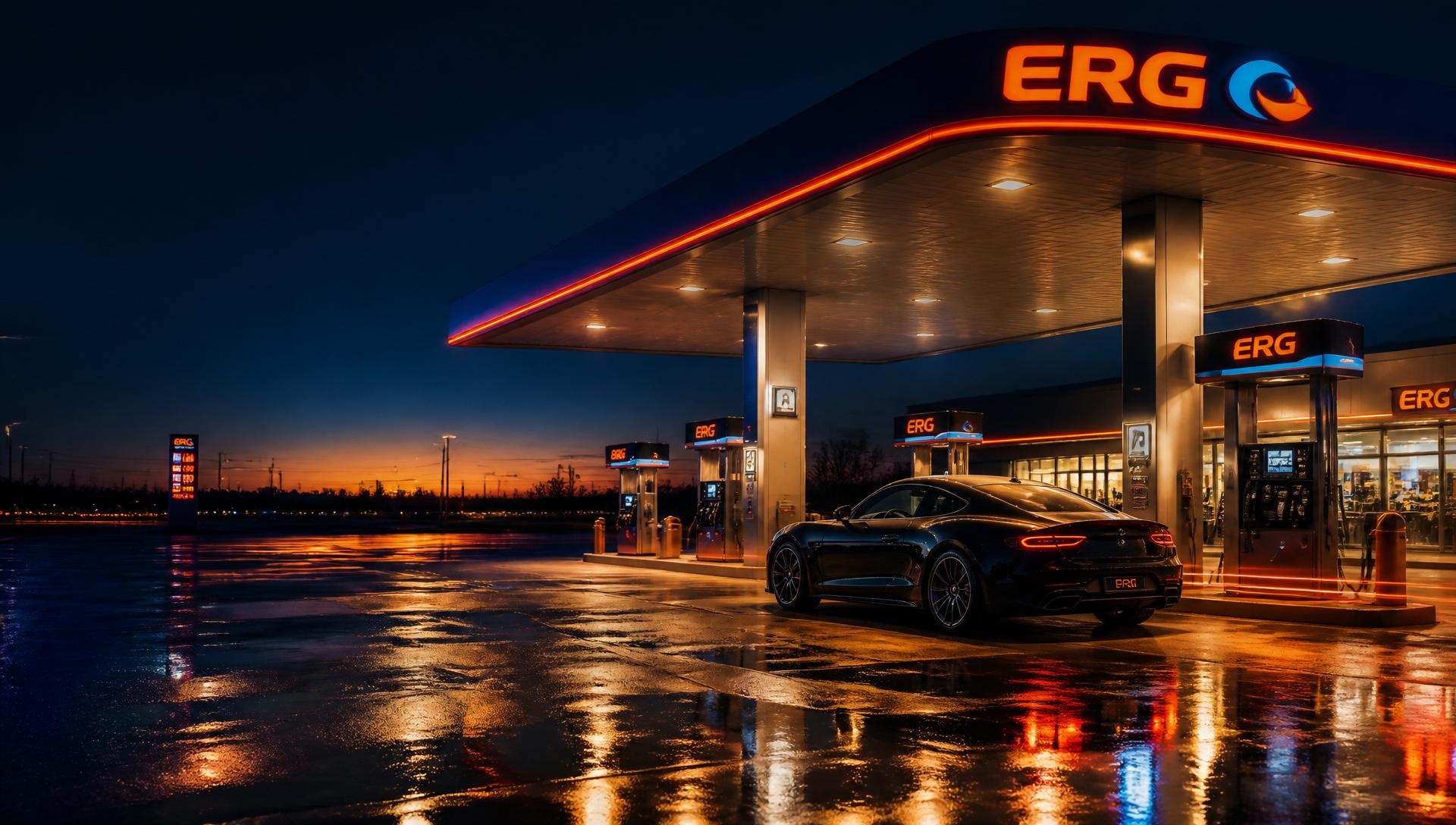 Estación ERG al atardecer con auto deportivo iluminado